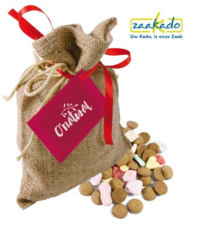 Jute Sinterklaasattentie zakje met strooigoed met logo, ZaaKado relatiegeschenken