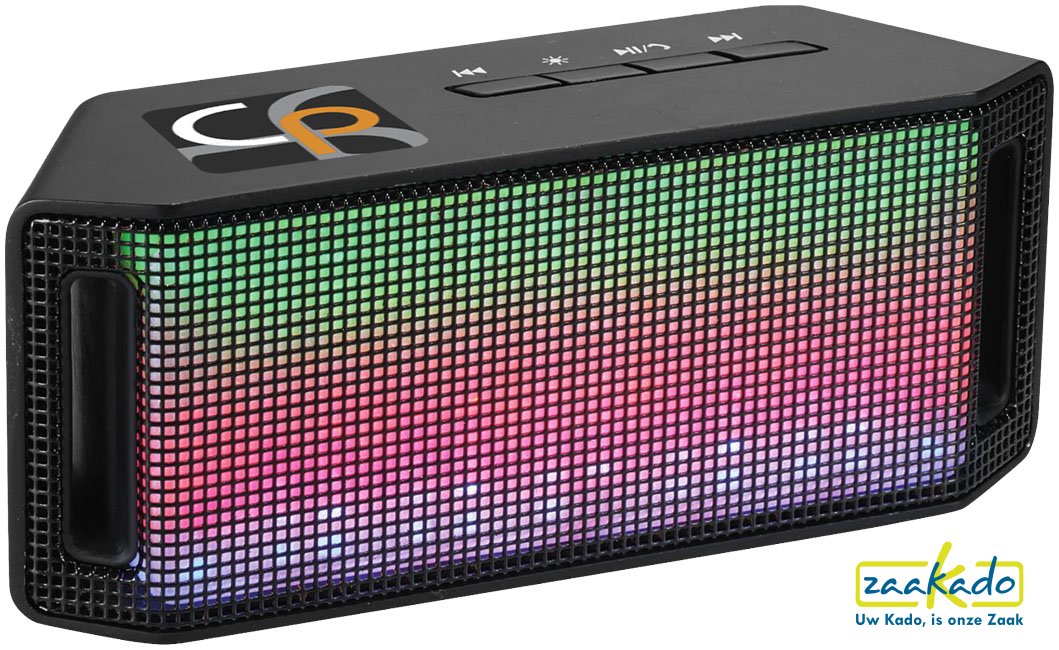 Bluetooth speaker met bedrukking met disco verlichting, relatiegeschenken kerstgeschenken ZaaKado bv