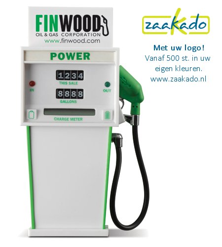 Brandstof voor uw smartphone; Powerbank. Benzinepomp met uw bedrukking of logo. ZaaKado BV Rotterdam