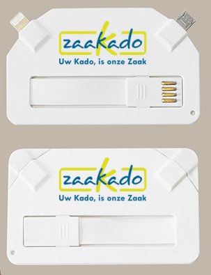 Creditcharger bedrukt met logo bedrukt, een universele USB oplaadkabel, promotieartikel ZaaKado BV
