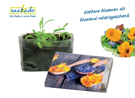 Eetbare bloemenals bloeiend relatiegeschenk gepersonaliseerd geschnek met logo brievenbus formaat Rotterdam ZaaKado