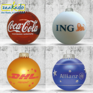 Eindejaarsgeschenk kerst kerstbal kerstballen bedrijf organisatie glas kerstboom uniek op maat full colour bedrukking eigen ontwerp relatiegeschenk ZaaKado Rotterdam