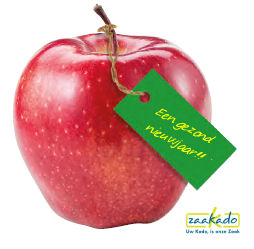 Gezond nieuwjaar relatiegeschenken appel met logo kaartje aan steeltje Kerst Rotterdam ZaaKado