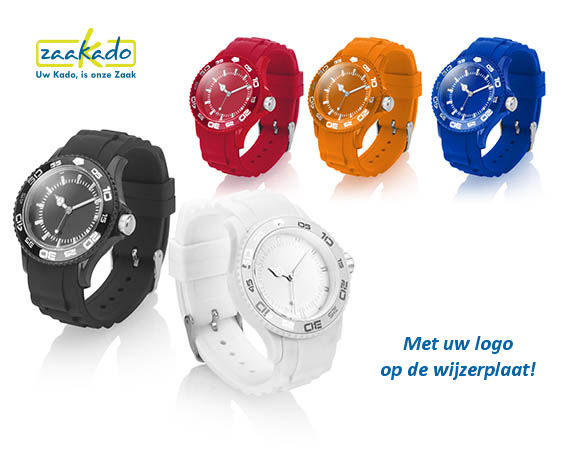 Horloge met logo op wijzerplaat, siliconen eindejaarsgeschenk relatiegeschenk oranje blauw rood wit ZaaKadotip