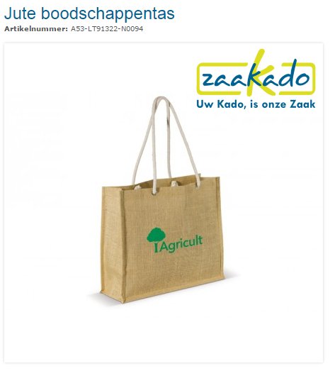 Jute boodschappen tas, shopper, draagtas bedrukt met logo. ZaaKado BV Relatiegeschenken Rotterdam en promotieartikelen