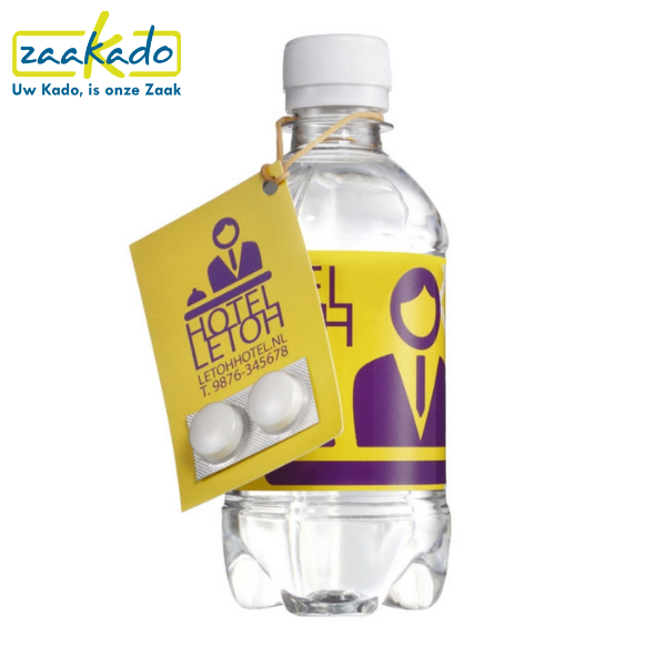 R-Pet waterfles, 300 ml, gekleurde dop, gepersonaliseerd, eigen etiket, met pepermunt, full colour bedrukking, snelle levering, bedrukken, eigen design, beurs, giveaway, snoep, logo, zaakado, relatiegeschenken