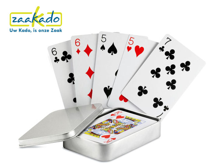 Speelkaarten bedrukken kaartspel in blikken doos bedrukt relatiegeschenk logo giveaway studenten transport universiteit scholen ZaaKado