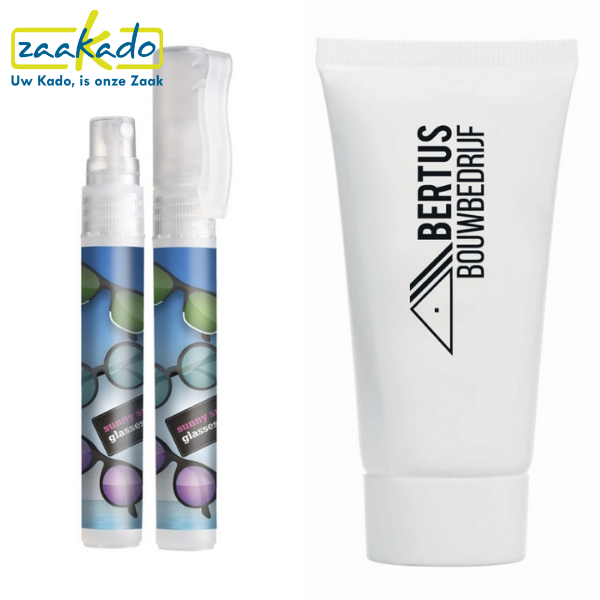 zonnebrand spray, zonnebrand tube, gepersonaliseerd, bedrukken, bedrukt met logo, eigen design, full colour, zomer, giveaway, cadeau, medewerkers, zon, strand, zaakado